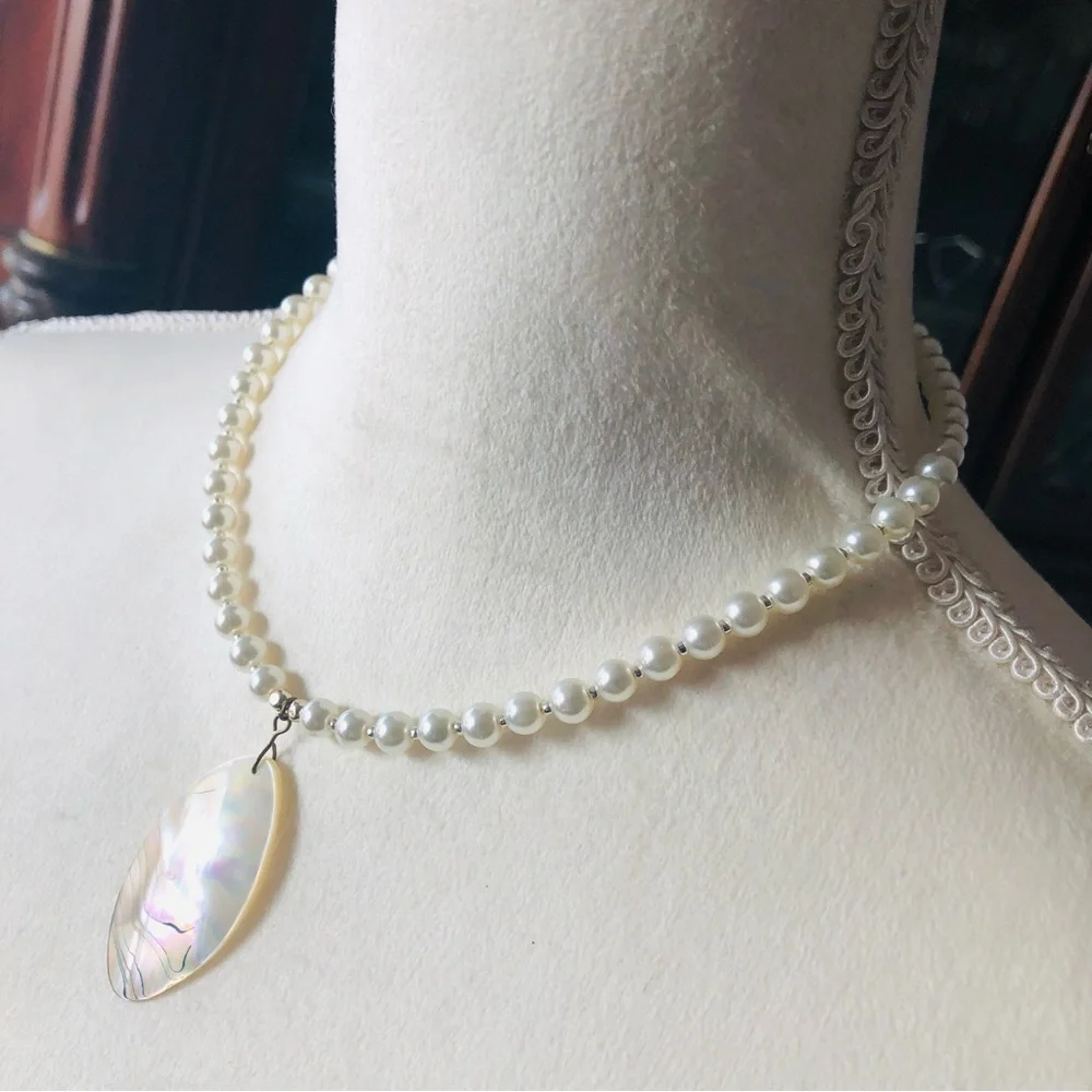 Handcrafted repurpose genuine elegant shell pendant Czech glass Pearl necklace